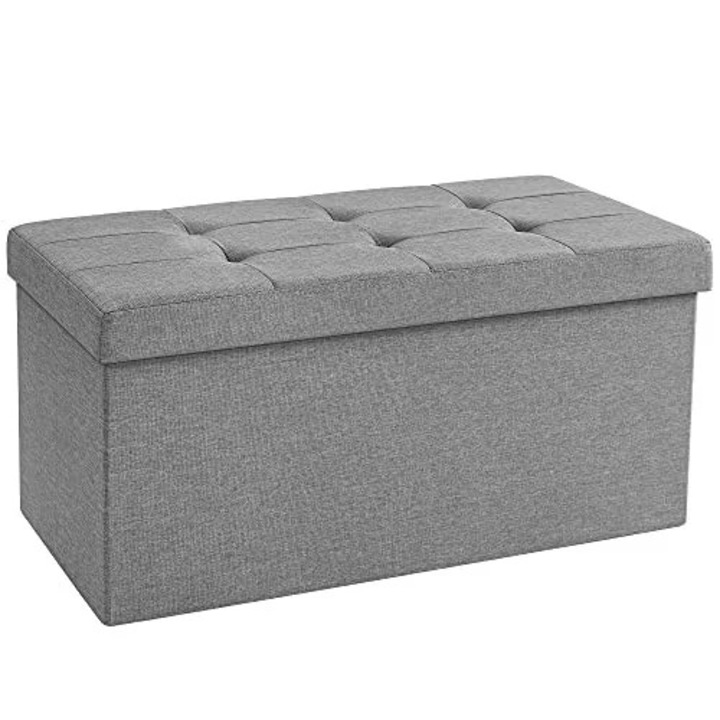 Taburet pliabil Ruhhy, cu spatiu depozitare, capacitate 54L, suporta 80 kg, 60 x 30 x 30 cm, poliester, MDF, gri