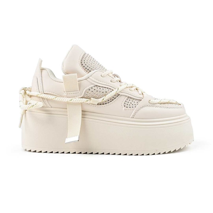 Pantofi Sport Dama, bej, piele ecologica, talpa wedge, Bej