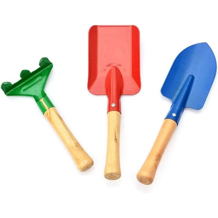 Set joaca gradinarit, 3 piese, unelte pentru copii, lopata, grebla, dimensiune mica, culori vesele