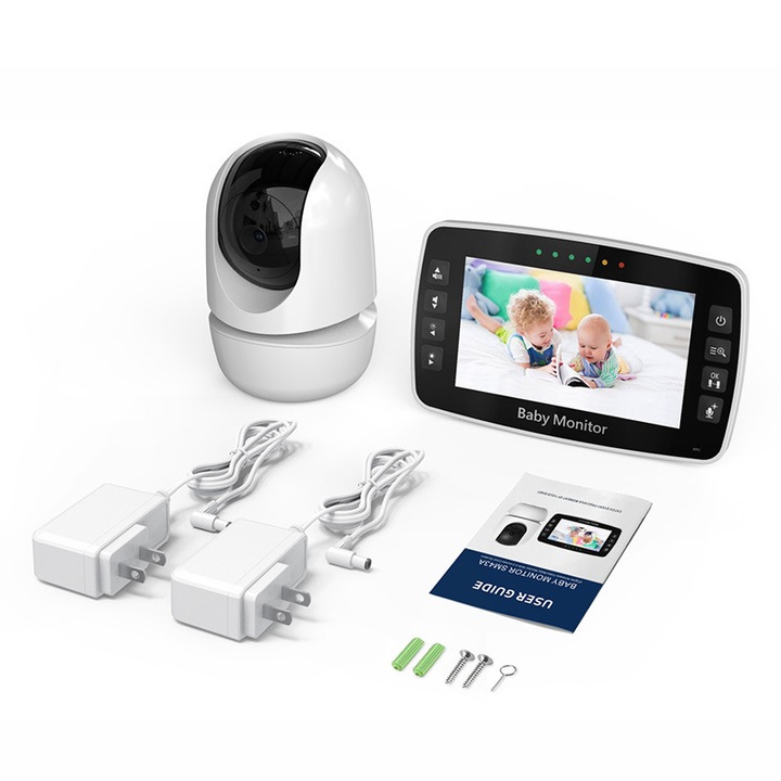 Bébi videó monitor, 4.3 hüvelykes, 2.4GHz vezeték nélküli átvitel, éjjellátó, kétirányú kommunikáció, kétkamerás készlet