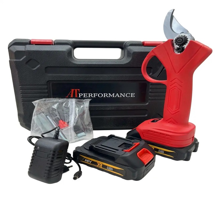 Foarfeca Electrica AT Performance cu 2 Acumulatori, Fara Fir, Lama Otel Carbon, 5000 mAh, Rosu