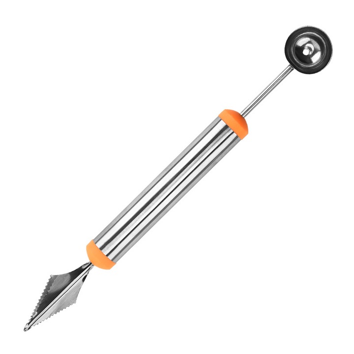 Set ustensile de bucatarie din otel inoxidabil, 6 piese, pentru taiat fructe, cu furculita, cutter si excavator