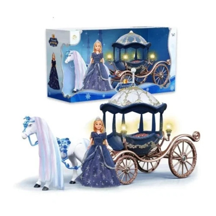 Papusa printesa cu caleasca si cal, lumini si sunete, jucarie copii 3+ ani, Velve