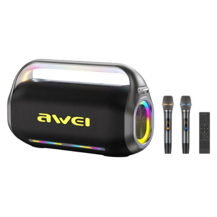 Awei kt20 bluetooth hordozható hangszóró, v5.3, 400w, led fény + karaoke szett, fekete