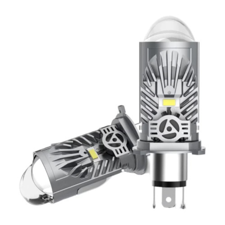Set de 2 becuri LED H4, 150W, 27000 lumeni, 6000K, cu lentila de marire, ventilator integrat