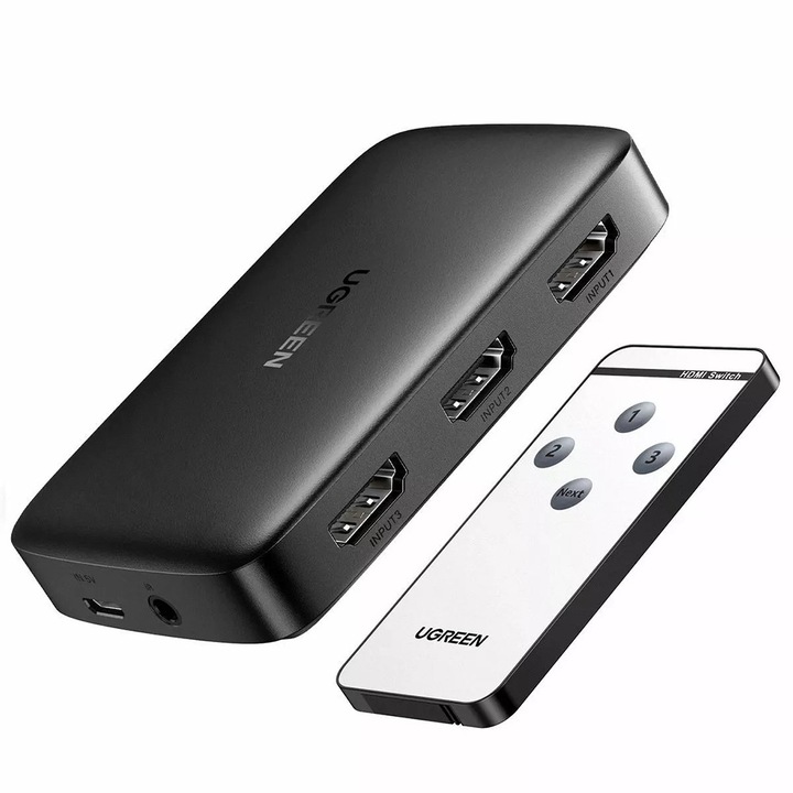 Switch KVM Ugreen, 3x HDMI, 4K@60Hz, Negru, 91.62x54x17.64mm