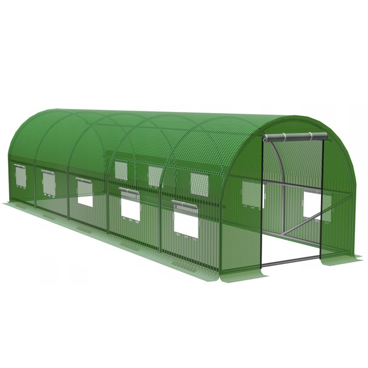 Тунелна градинска оранжерия 300x800x200 см, PE фолио 140г/м2 UV4, 10 прозорци, цип врата, 24 кв.м, зелено