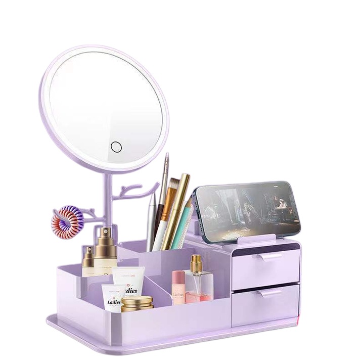 Oglinda de machiaj, cu cutie de depozitare, lampa de masa cu o singura fata, ORBER, trei culori de lumina, reglare continua, incarcare USB, rotire la 90°, material ABS, 17, 9 × 29 × 33, 5 cm, violet