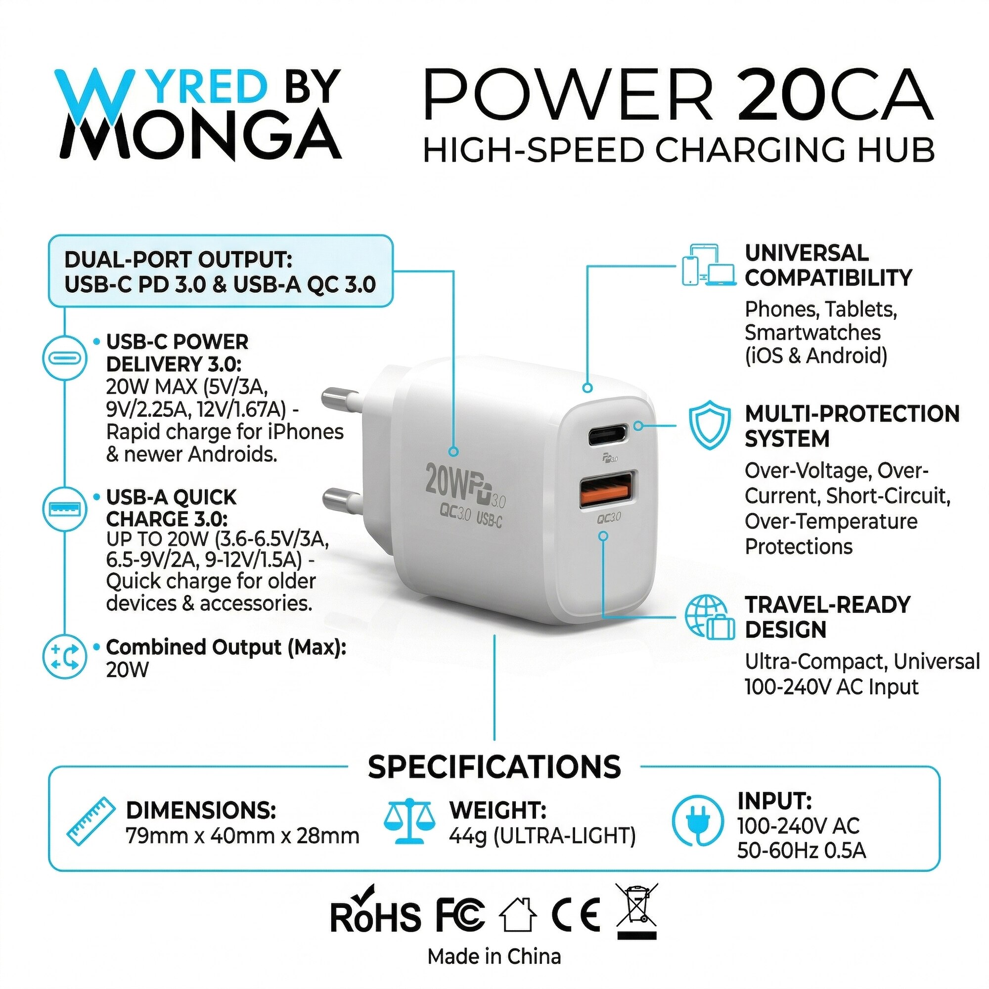 Зарядно за стена Wyred by Monga Power 20CA, Fast Charge 20W, Dual-Port ...