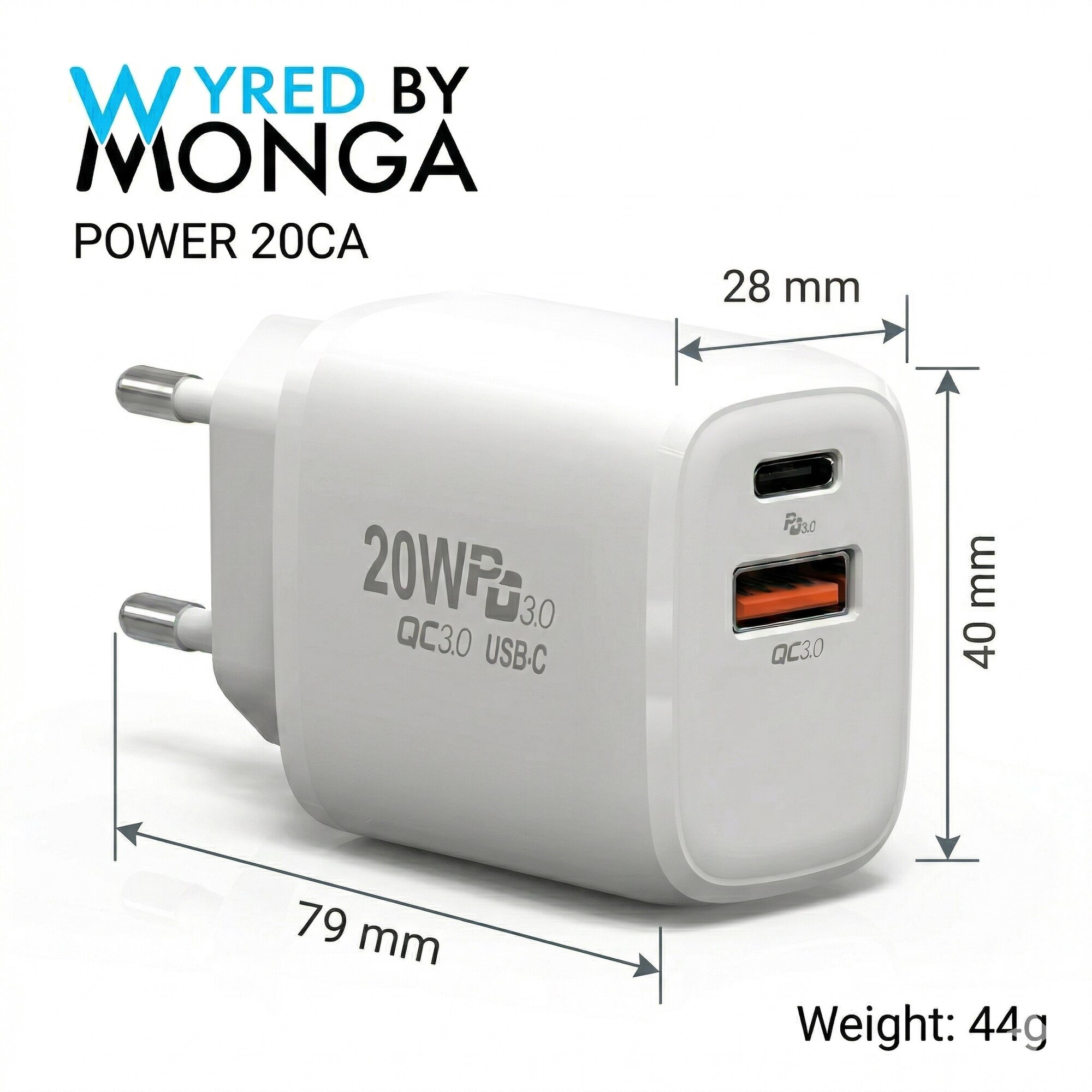 Зарядно за стена Wyred by Monga Power 20CA, Fast Charge 20W, Dual-Port ...
