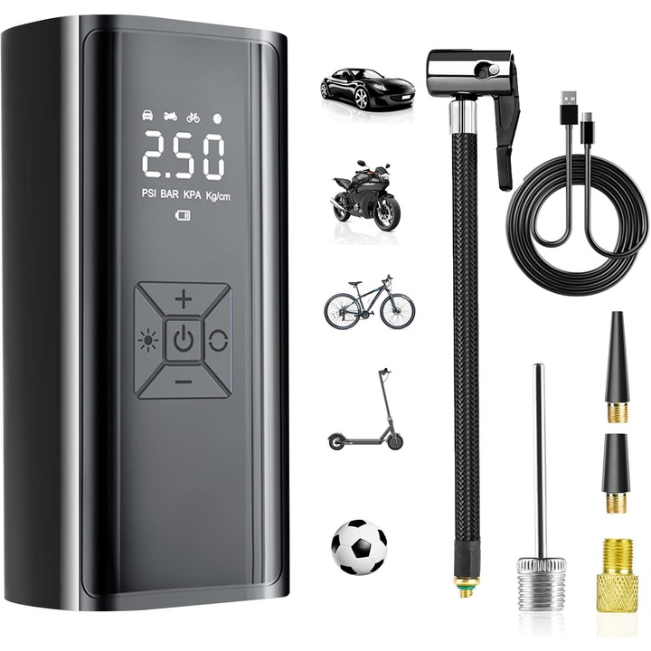 Hordozható elektromos pumpa, digitális LCD kijelzővel, 4 adapterrel, autókhoz, motorkerékpárokhoz, kerékpárokhoz, labdákhoz, 6000 mAh