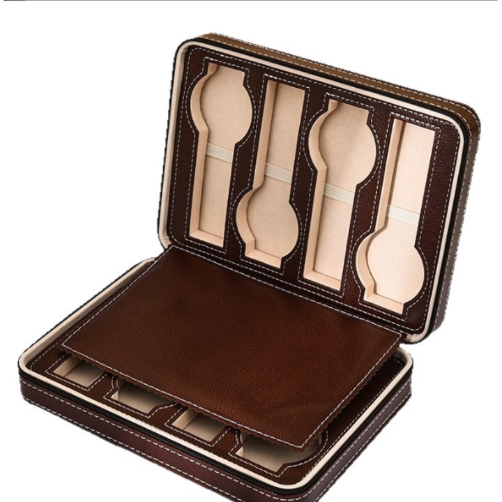 Cutie de ceas, 8 pozitii, piele PU, design elegant, culoare maro, dimensiuni compacte