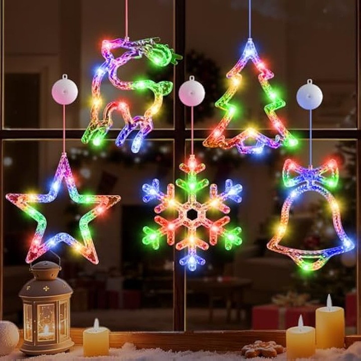 Set 5 Figurine Decorative Craciun cu LED, Forme de Stea, Fulgi de Nea, Clopotel, Multicolor, Alimentare cu Baterii