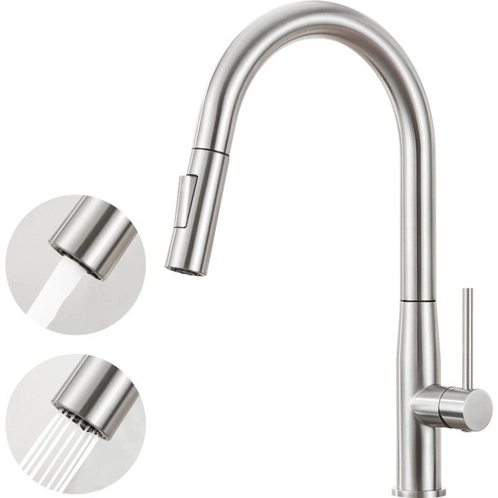 Baterie sanitara retractabila, inox, 360° rotativa, 2 moduri de pulverizare, finisaj periat