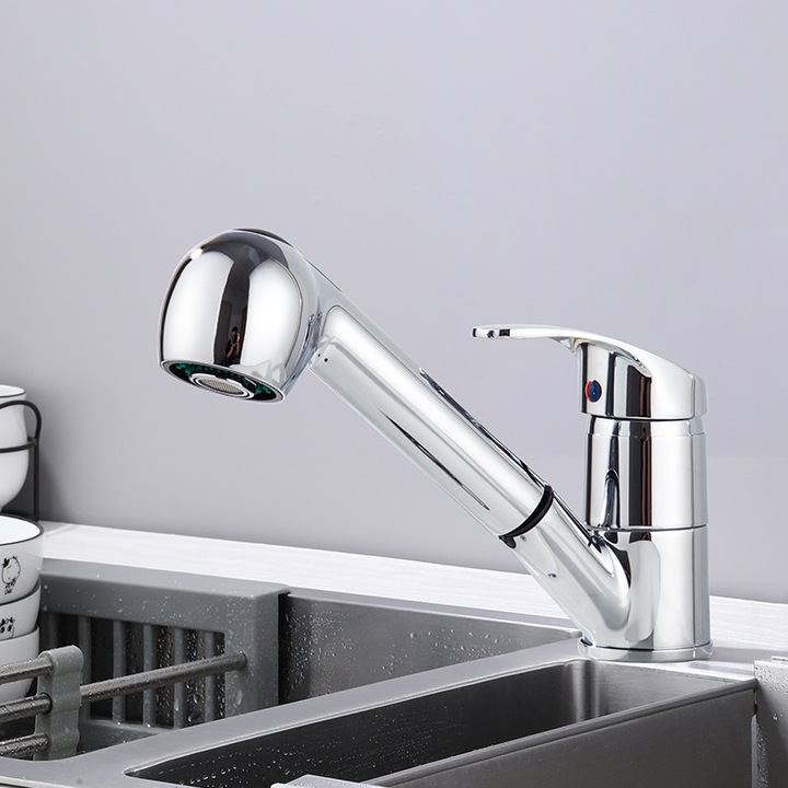 Baterie sanitara cu 2 moduri de pulverizare, extensibila, din otel inoxidabil, rotativa 360°, argintie