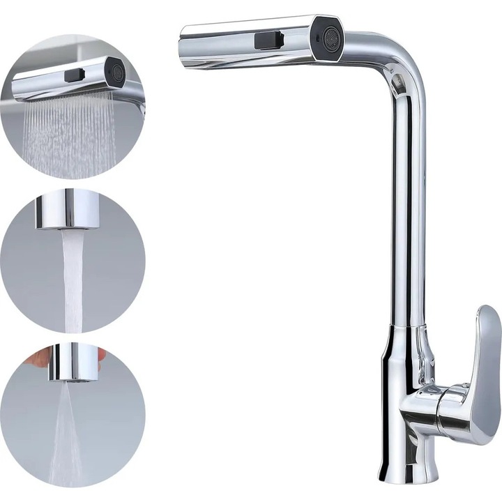 Baterie sanitara retractabila, 360° rotire, 3 moduri de pulverizare, inox, pentru bucatarie