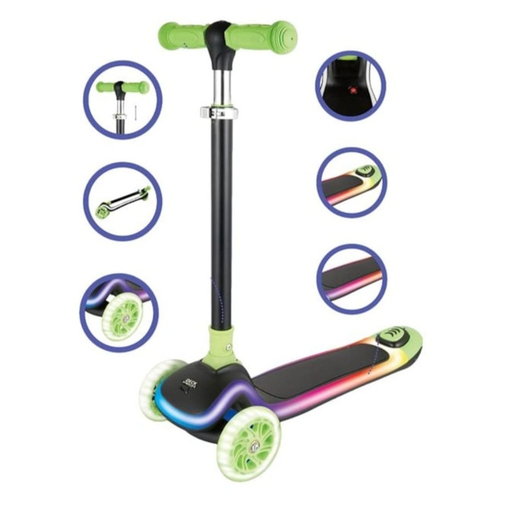 Gyermek roller 3 kerékkel és LED világítással, állítható kormánymagasság 63–80 cm, hátsó fék, csúszásmentes fellépő, stabil és biztonságos, max. 50 kg, 3+ év