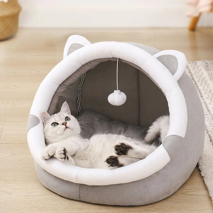 Culcus pentru pisici, gri neutru, 32x27x27 cm, impermeabil, lavabil la masina