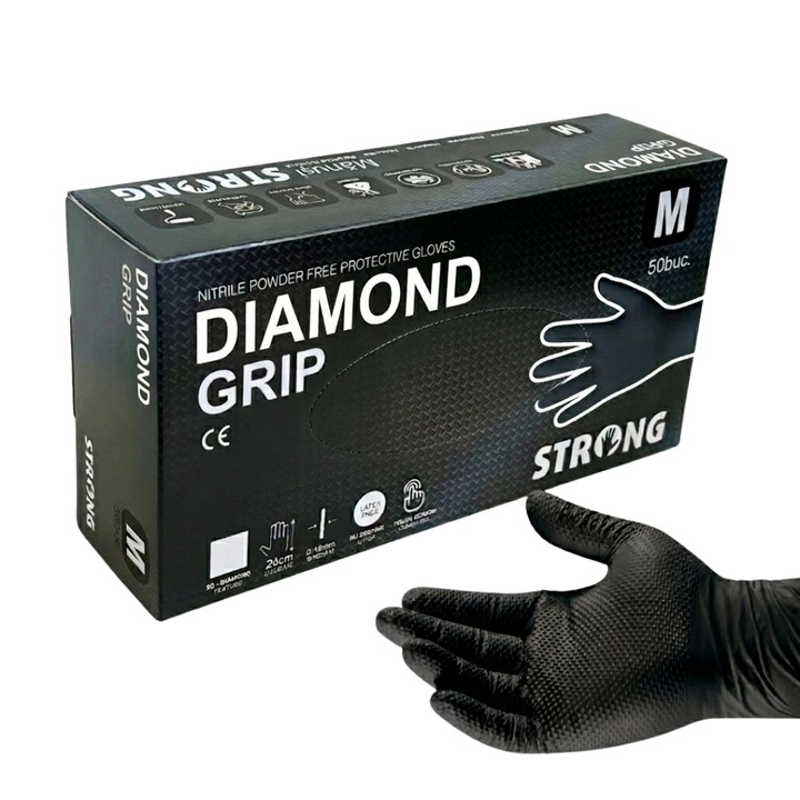 Set 50 Manusi Nitril Texturate 3D Diamond Grip, Negru, Marimea M, rezistente chimic, nepudrate, confortabile, lungime 24cm