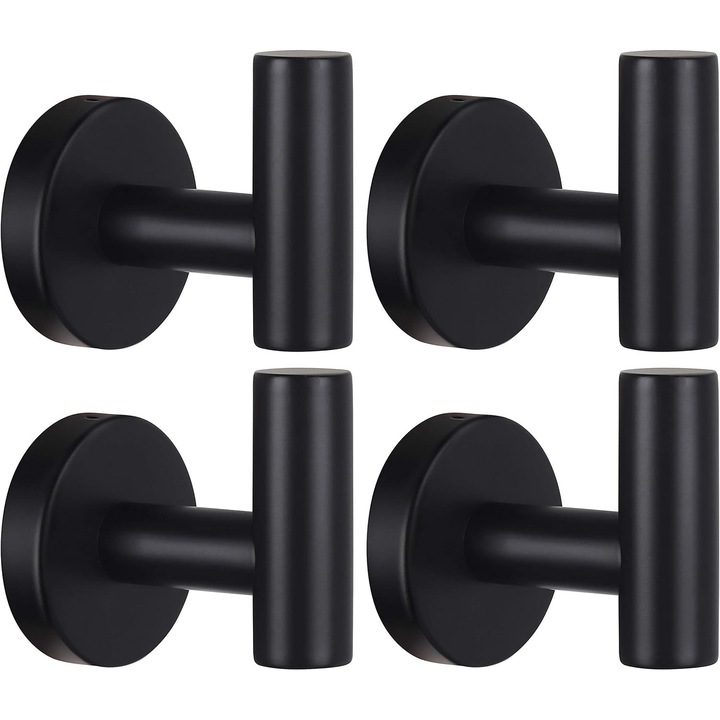 Set 4 suporturi pentru prosoape, negru mat, din otel inoxidabil, dimensiuni 6.35x5.58x5.58cm