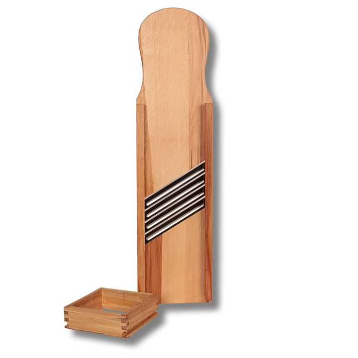 Feliator manual, Cu 4 lame, Cu un sertar, Tocator pentru varza, legume si fructe, Din lemn de fag, uns cu ulei, Rapid, Precis, Ascutit, Ideal pentru bucatarii, Gospodarii, Restaurante, Woodcarver, XXL, 90 x 24 cm