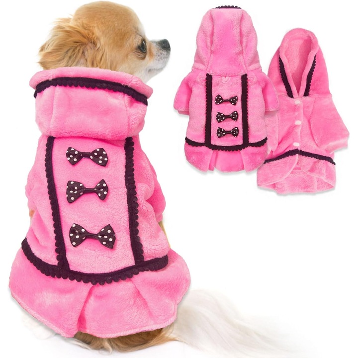 Rochie de iarna pentru caini mici, rochie din lana roz cu gluga si fundita, cu deschidere pentru lesa, 5 dimensiuni disponibile