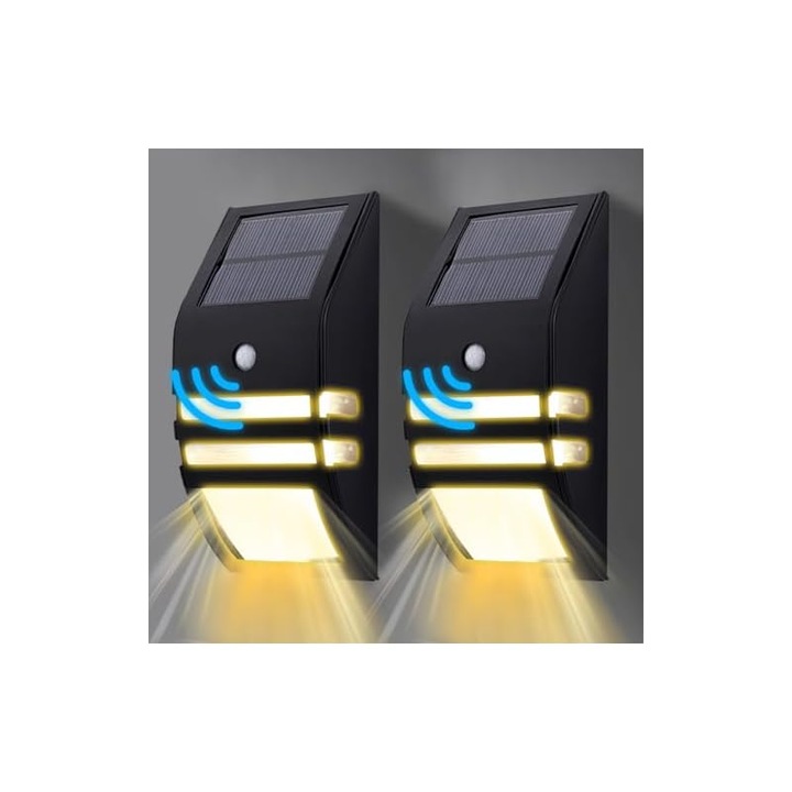 Set 2 lampi solare de exterior cu senzor de miscare, lumina calda 3000K, IP65, pentru gradini, balcoane, terase, garaje, si garduri