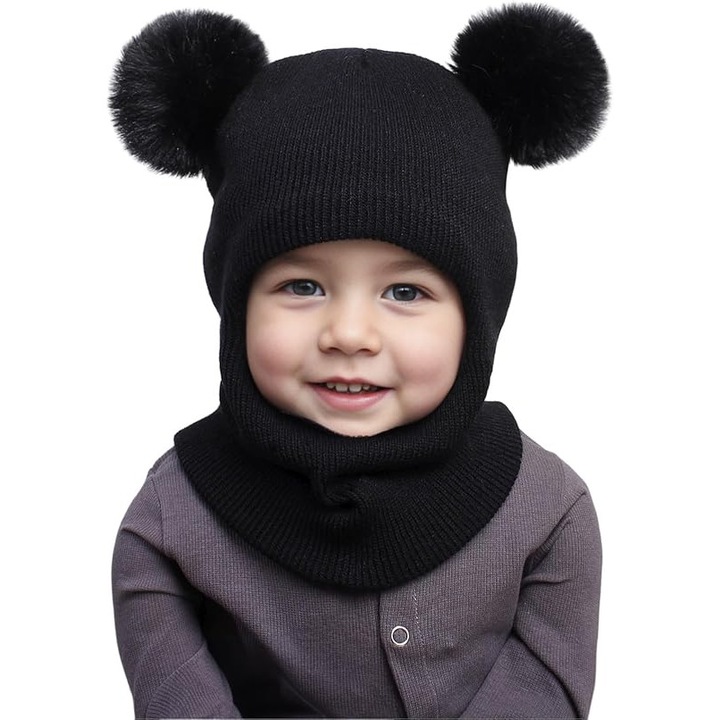 Caciula si fular pentru copii, caciula de iarna cu pompoane, 1-6 ani, elastica, multicolor
