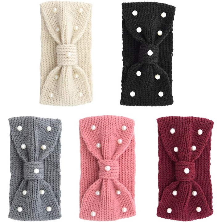 Set 5 bentite tricotate cu perle, calduroase, multicolor, din lana