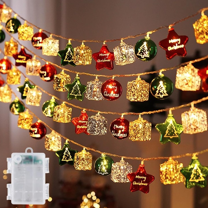 Instalatie de Craciun cu LED-uri, 9.8ft, 20 lumini, 2 moduri de iluminare, multicolor, alimentare cu baterii