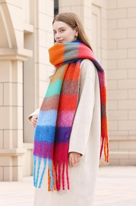 Esarfa multicolora pentru femei, 95x15 inch, groasa, calduroasa, design in carouri