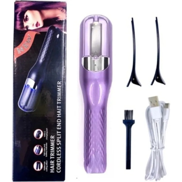 Aparat de tuns parul, trimmer pentru varfuri despicate, 5.3x24.8x3.7cm, fara fir, violet, set complet