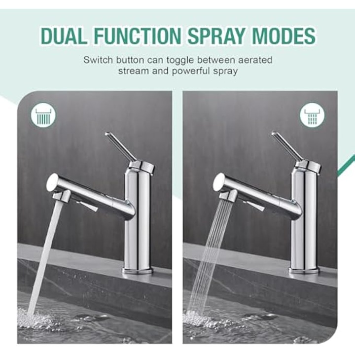 Baterie sanitara cu dus retractabil, cromata, 1 orificiu, 2 moduri de spray, neagra, pentru chiuveta de baie sau spalatorie