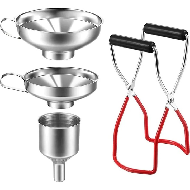Set de strecuratori din otel inoxidabil, 4 piese, cu manere, include clema pentru conserve, dimensiuni variate