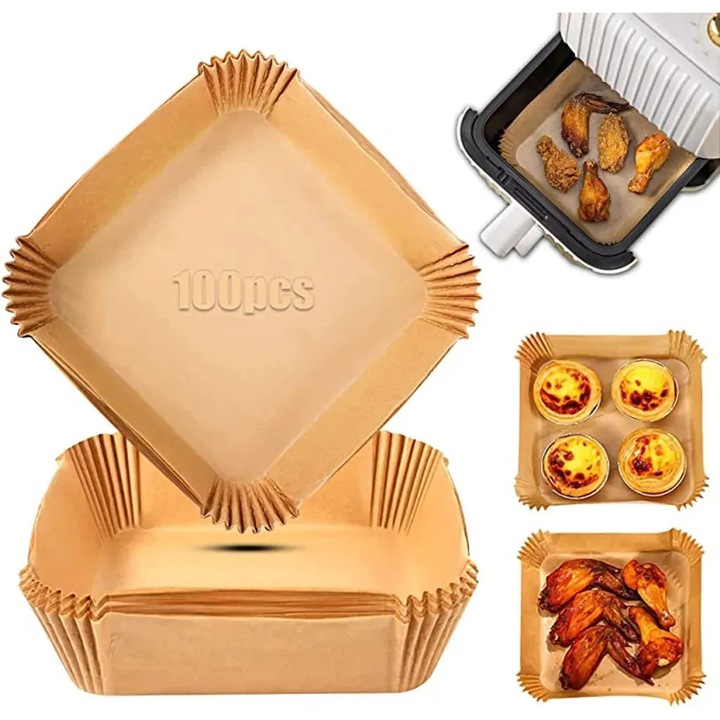 Folie de copt pentru friteuze, 100 foi, 20x4cm, rezistenta la apa si caldura pana la 230°C, potrivita pentru cuptoare si microunde