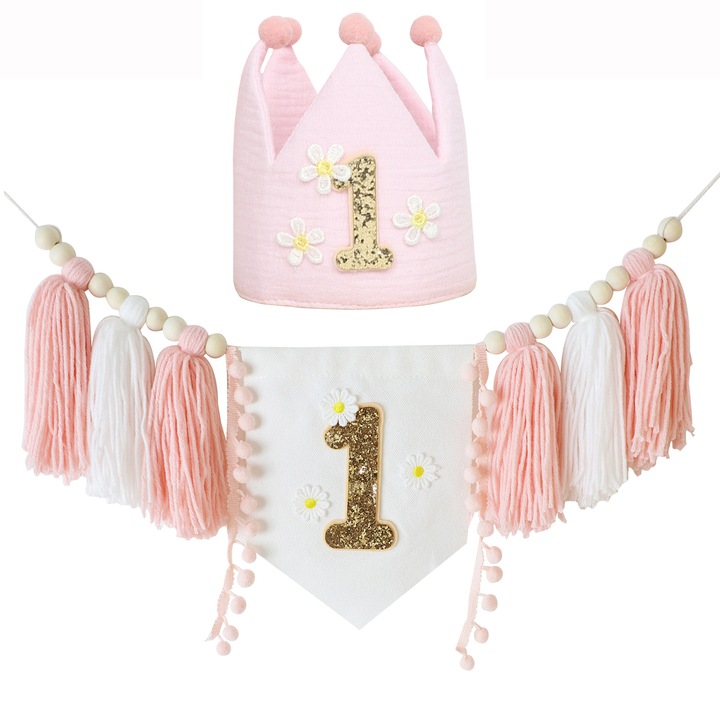 Banner decorativ pentru petrecerea de 1 an, stil Bohemian, cu ciucuri si flori, accesorii pentru fotografii, 1x2m