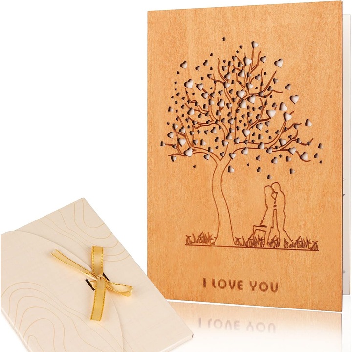 Felicitare din lemn, handmade, design inima, cu plic de arta, 5x7 inch, pentru zile de nastere, nunti, Ziua Indragostitilor