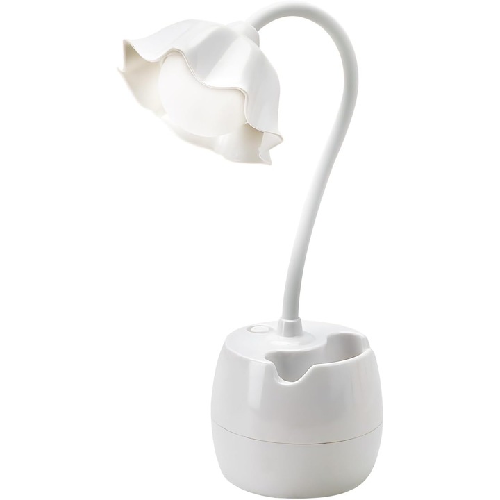 Veioza pentru copii, lampa LED cu suport pentru pixuri, design cu gat flexibil, alb, reincarcabila USB