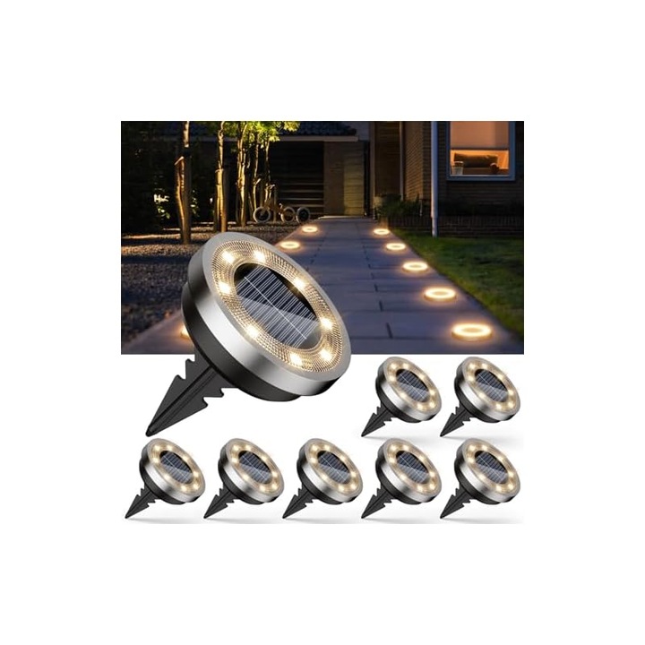 Lampi solare, set 8 bucati, 8 LED-uri, lumina alba calda, IP65, pentru gradini/alei/gazon/terase