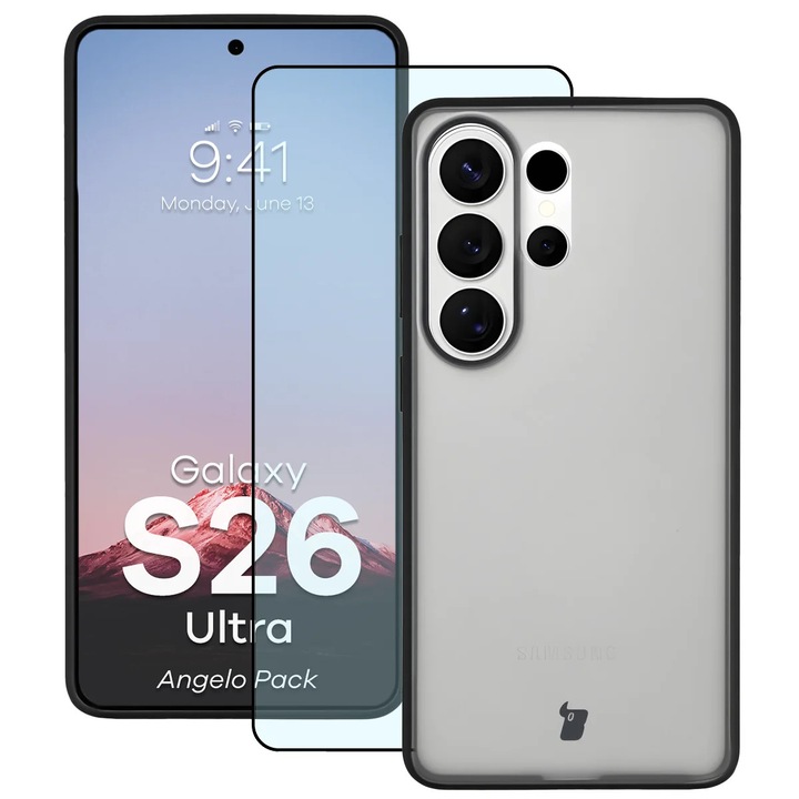 Husa + Sticla de protectie Bizon Angelo Pack pentru Galaxy S26 Ultra, Colorata cu rama neagra