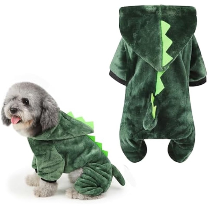 Costum de dinozaur pentru caini, M, material coral fleece, calduros, 26x43cm