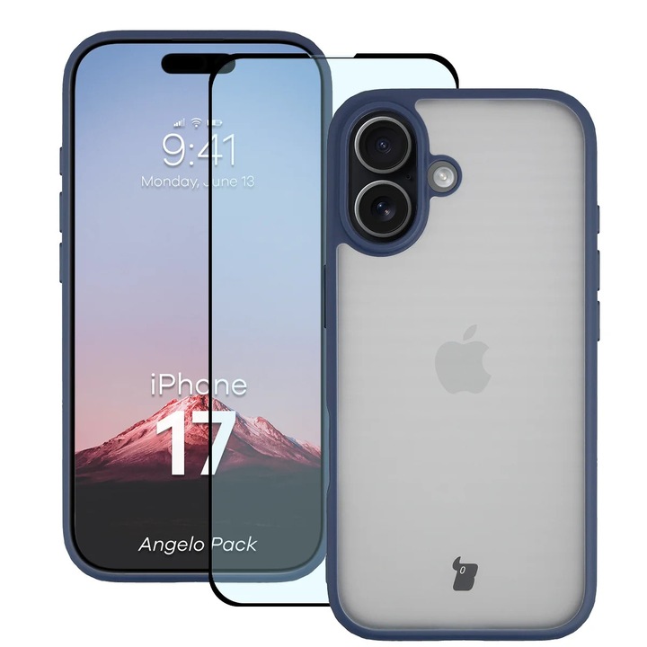 Husa + Sticla de protectie Bizon Angelo Pack pentru iPhone 17, Colorata cu rama albastru marin