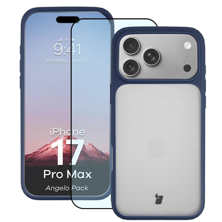 Husa + Sticla de protectie Bizon Angelo Pack pentru iPhone 17 Pro Max, Colorata cu rama portocalie