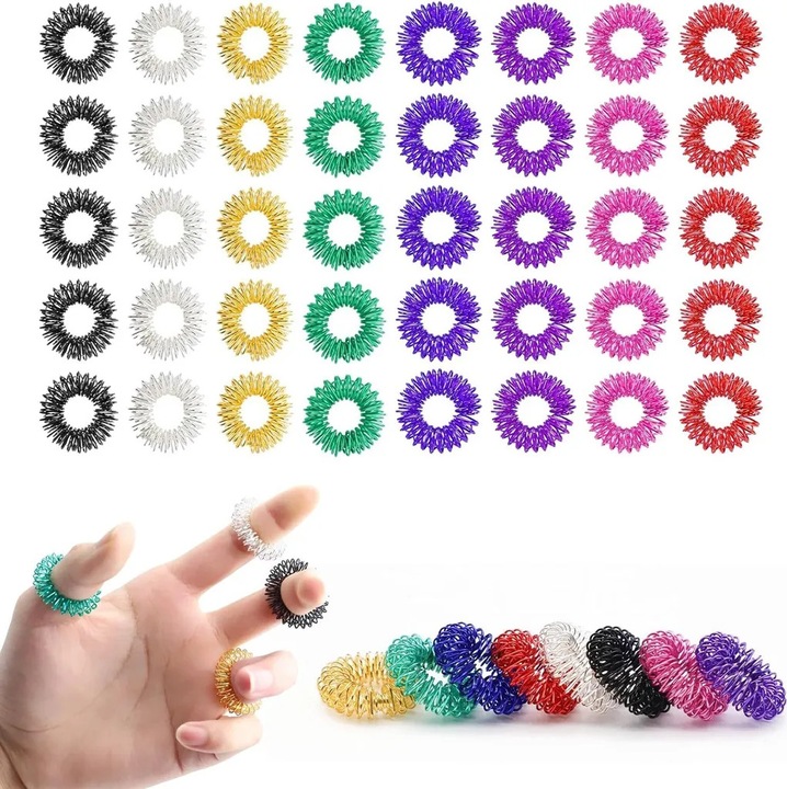 Set de inele de acupresiune - 40 inele, multicolor, din otel inoxidabil, pentru relaxare si circulatie sanguina