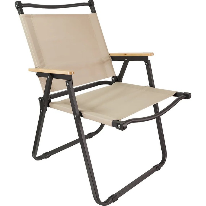 Scaun pliabil camping, bej, 120 kg capacitate, 47 cm latime sezut, brate din lemn masiv