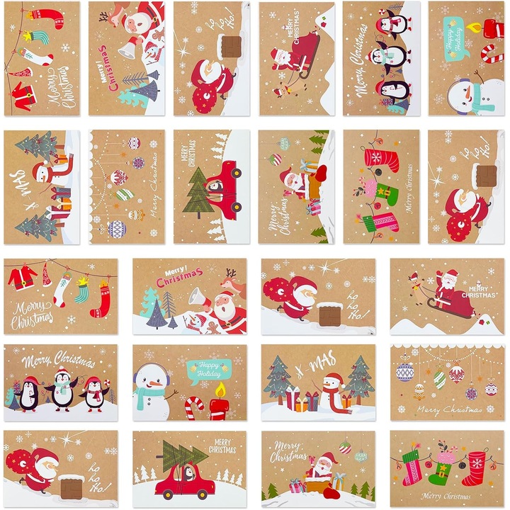 Set de 24 felicitari de Craciun cu plicuri si autocolante, 10x15cm, designuri variate, multicolor