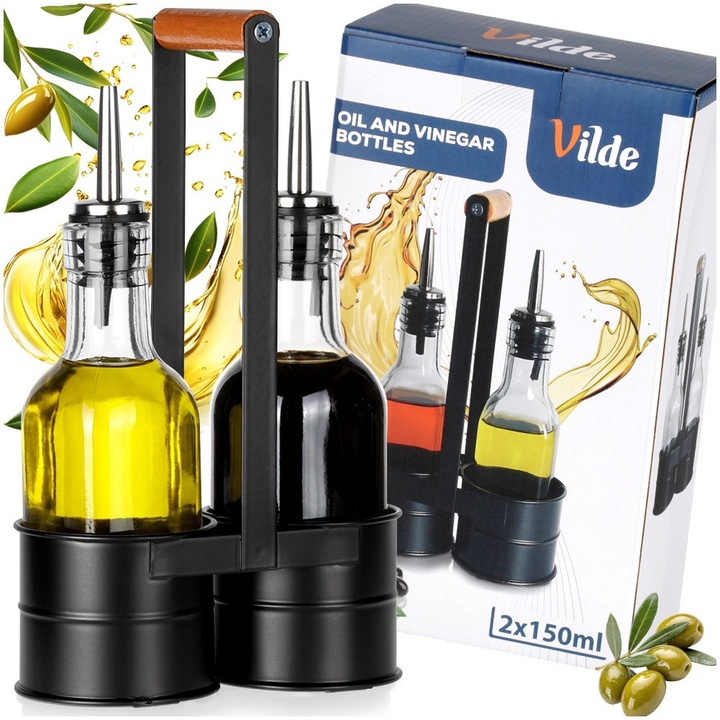 Set Sticle Pentru Ulei Si Otet In Suport, Vilde, 2 x 150 ml, Sticla Si Metal, Transparent/Negru, Recipiente Cu Dozatoare Din Otel Inoxidabil, Suport Metalic Cu Maner Din Lemn Pentru Transport Usor, Accesorii Servire Masa