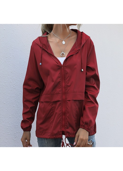 Pelerina de ploaie pentru femei, impermeabila, cu buzunare, gluga, jacheta de vant, bordo, fabricata din material usor