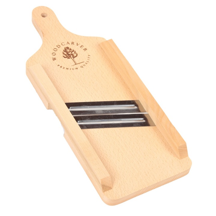 Feliator manual, Cu 2 lame din otel inoxidabil, Tocator pentru varza, legume si fructe, Din lemn de fag, uns cu ulei, Rapid, Precis, Ascutit, Ideal pentru bucatarii, Gospodarii, Restaurante, cu logo-ul Woodcarver, 36, 5 x 13, 5 cm