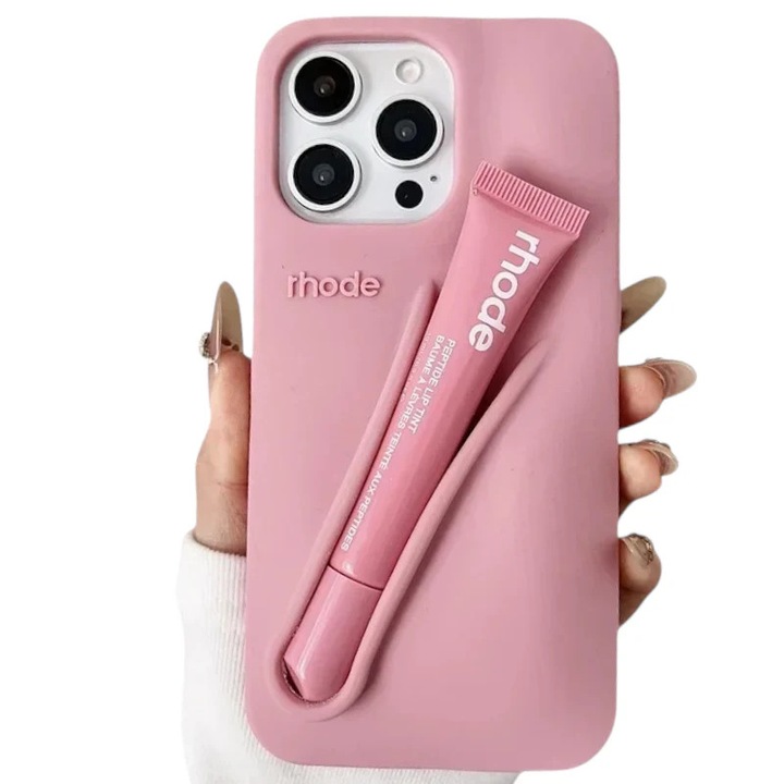 Husa telefon Rhode cu suport balsam de buze si ruj nuanta Ribbon, silicon, compatibila cu iPhone 17